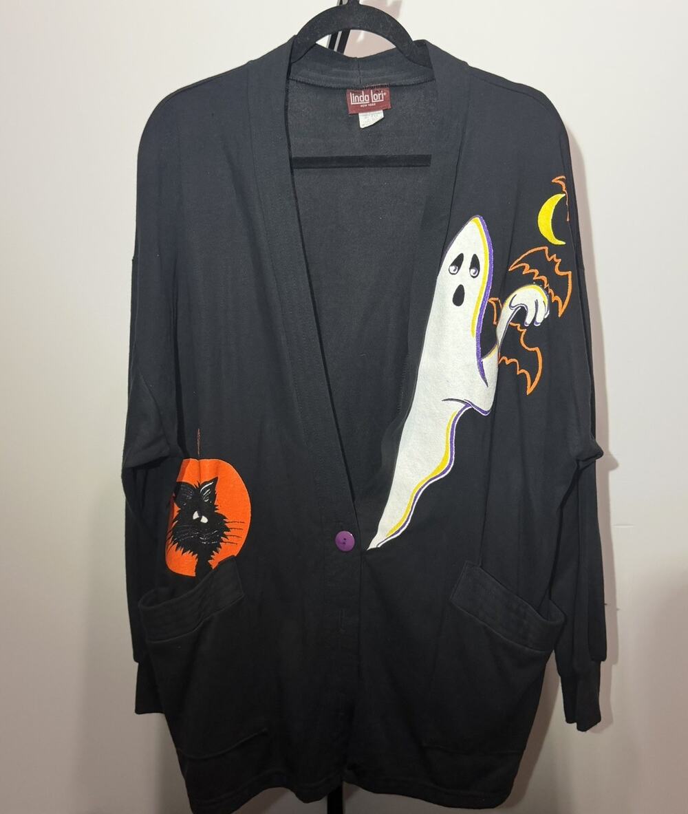 Vintage 80s Linda Lori New York Halloween Pumpkin Ghost Sweater Cardigan Rare